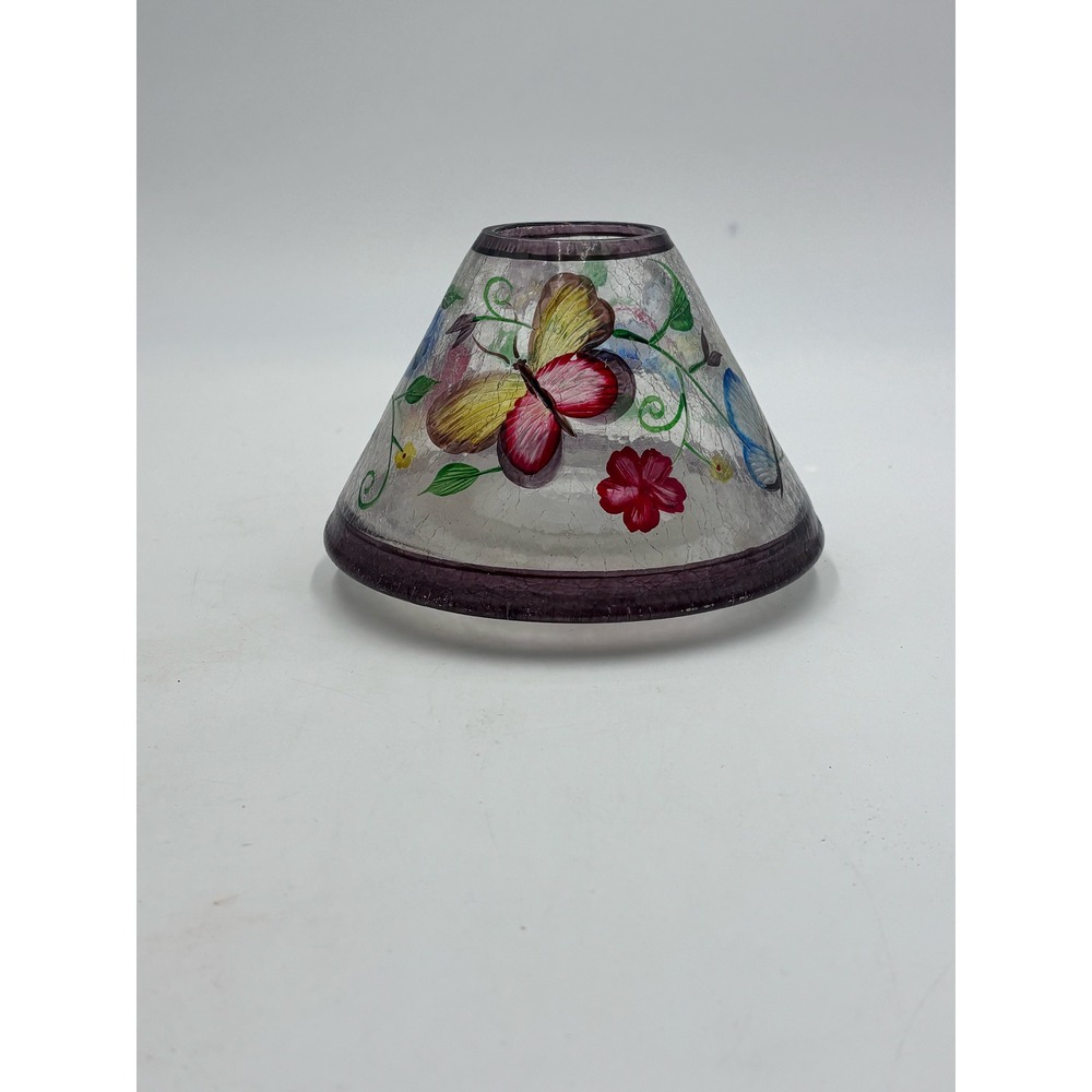 Hand Painted Crackle Glass Butterfly Flower Jar Candle Shade Topper Purple Rim